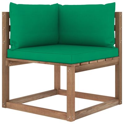 vidaXL Kampinė sodo sofa iš palečių su žaliomis pagalvėlėmis