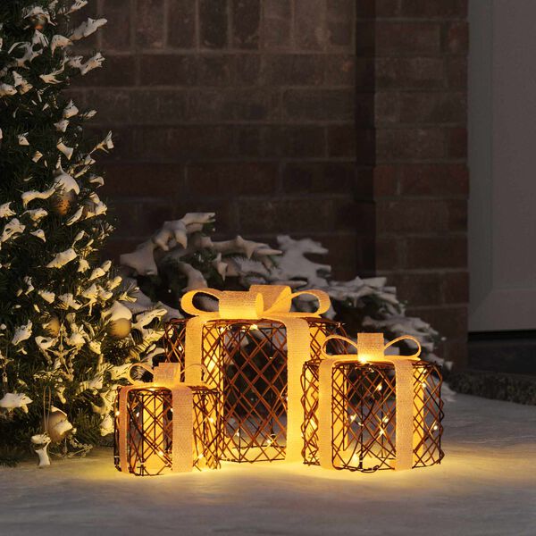 vidaXL Dovanų Dėžė su 60 LED 3 pcs &Scaron;ilta balta 20 x 20 x 20 cm Ratanas