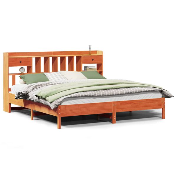 vidaXL Lova su knygų spinta be čiužinio, ruda, 200x200cm, pu&scaron;is