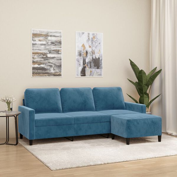 vidaXL Trivietė sofa su pakoja, mėlynos spalvos, 180cm, aksomas