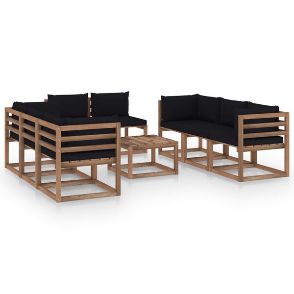 vidaXL Sodo poilsio komplektas su juodomis pagalvėlėmis, 9 dalių