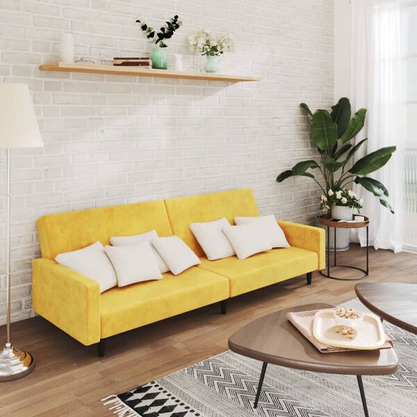 vidaXL Dvivietė sofa-lova, geltonos spalvos, aksomas