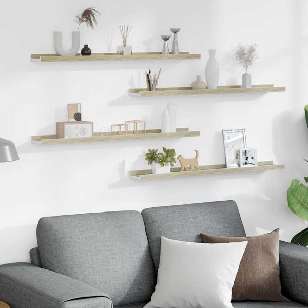 vidaXL Sieninės lentynos, 4vnt., baltos ir ąžuolo spalvos, 80x9x3cm
