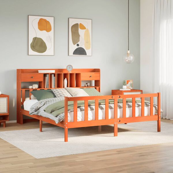 vidaXL Lova su knygų spinta be čiužinio, ruda, 200x200cm, pu&scaron;is