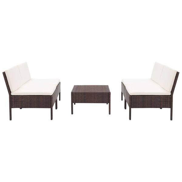 vidaXL Sodo sofos komplektas su pagalvėlėmis, 5 dalių, rudas, ratanas