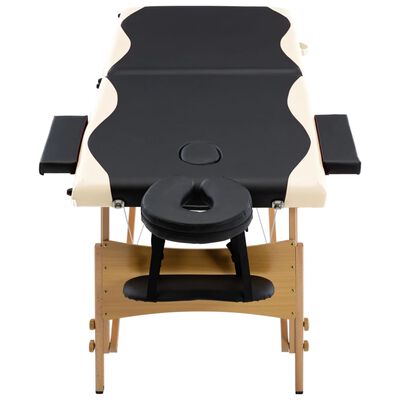 vidaXL Sulankstomas masažo stalas, juodas ir smėlio, mediena, 2 zonų