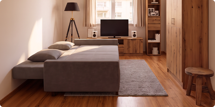 Pilka sofa-lova parodyta ir kaip sofa, ir kaip pilnai išskleista lova modernaus buto interjere.