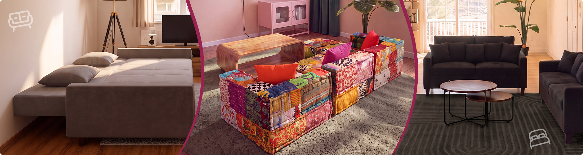 Koliažas su trimis sofų stiliais: moderni svetainė su tamsiomis sofomis, spalvinga skiautinio stiliaus modulinė sofa aplink kavos staliuką ir pilnai išskleista pilka sofa-lova. Spustelėkite, kad peržiūrėtumėte sofų kolekciją.