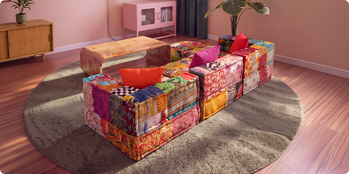 Spalvinga skiautinio stiliaus modulinė sofa išdėstyta aplink medinį kavos staliuką ant apvalaus kilimo šiuolaikiškoje svetainėje.