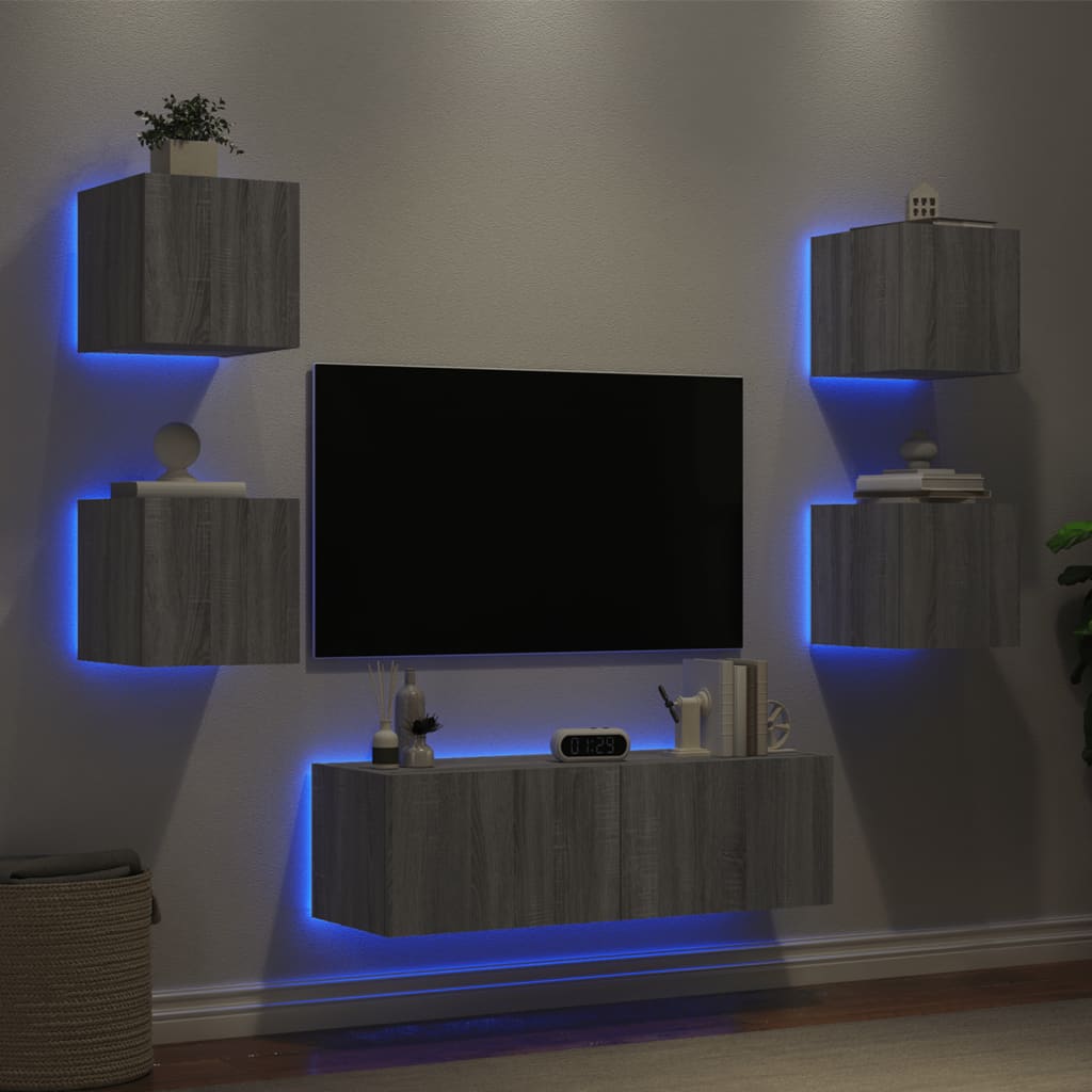 vidaXL Sieninės TV spintelės su LED lemputėmis, 5 dalių, pilkos ąžuolo