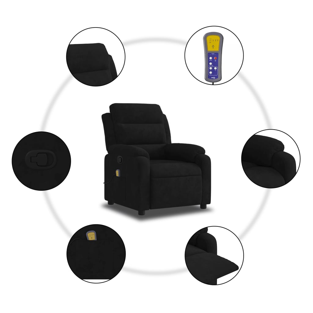 vidaXL Atlošiamas masažinis krėslas, juodos spalvos, aksomas