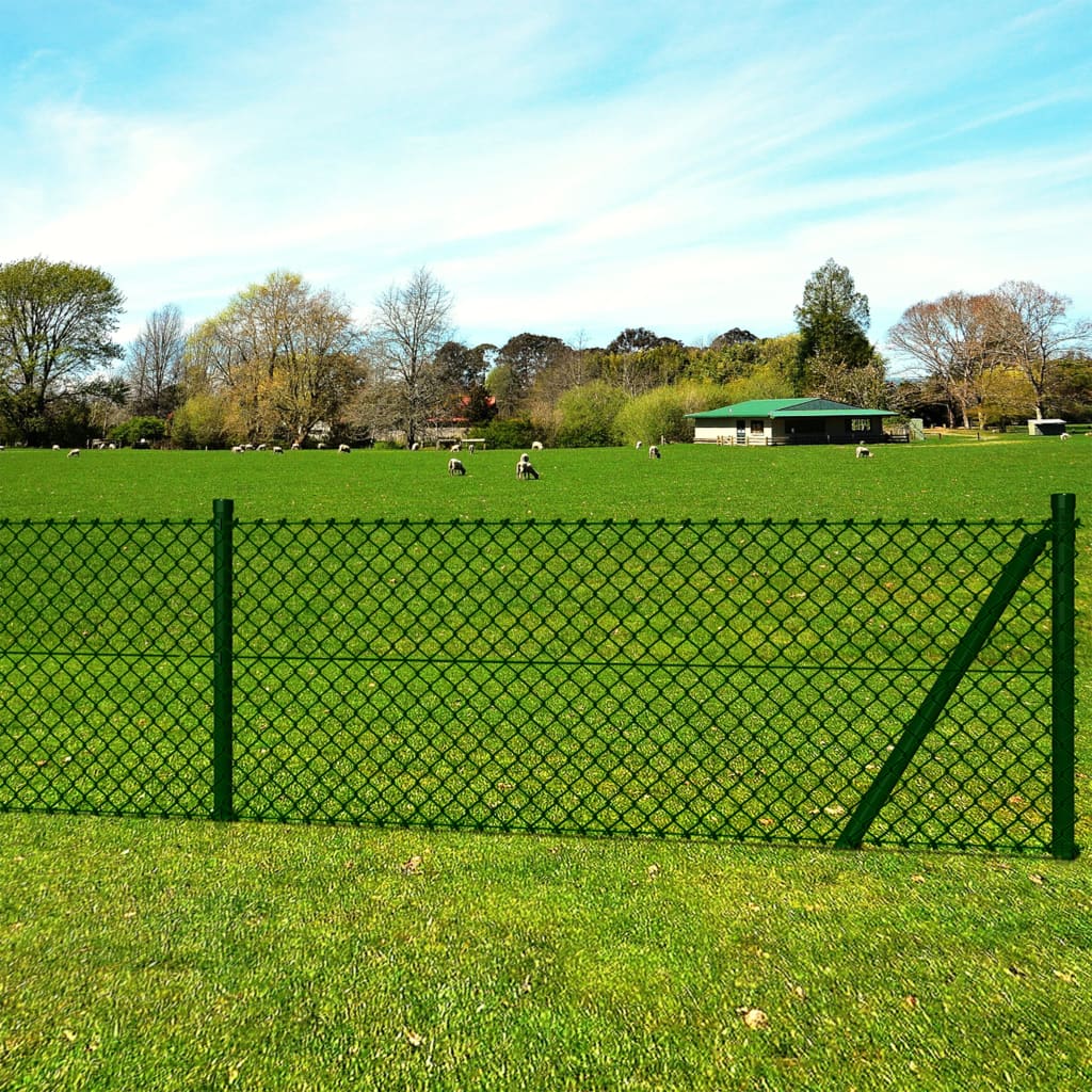 vidaXL Tinklinė tvora su stulpais, žalia, 1,5x15m, plienas