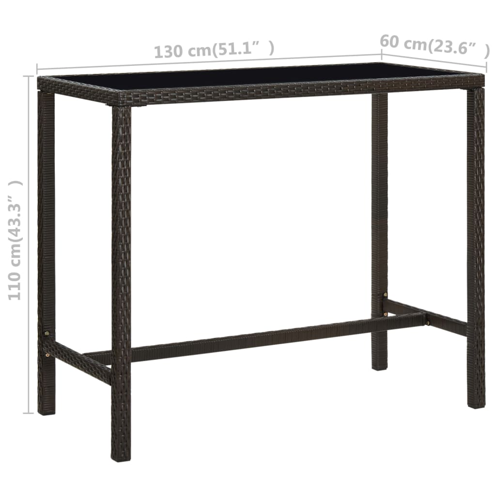 vidaXL Sodo baro stalas, rudas, 130x60x110cm, poliratanas ir stiklas