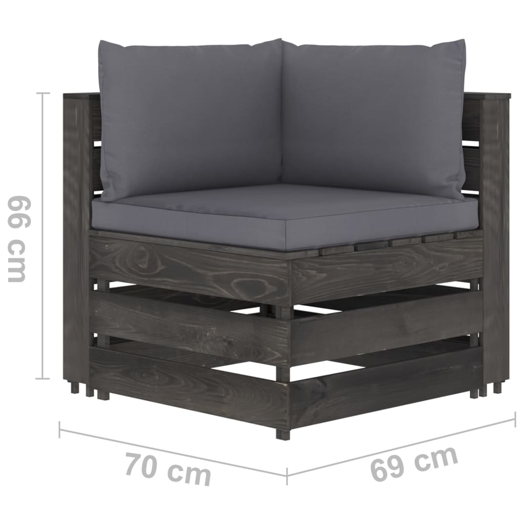 vidaXL Modulinė kampinė sofa su pagalvėmis, pilkai impregnuota mediena