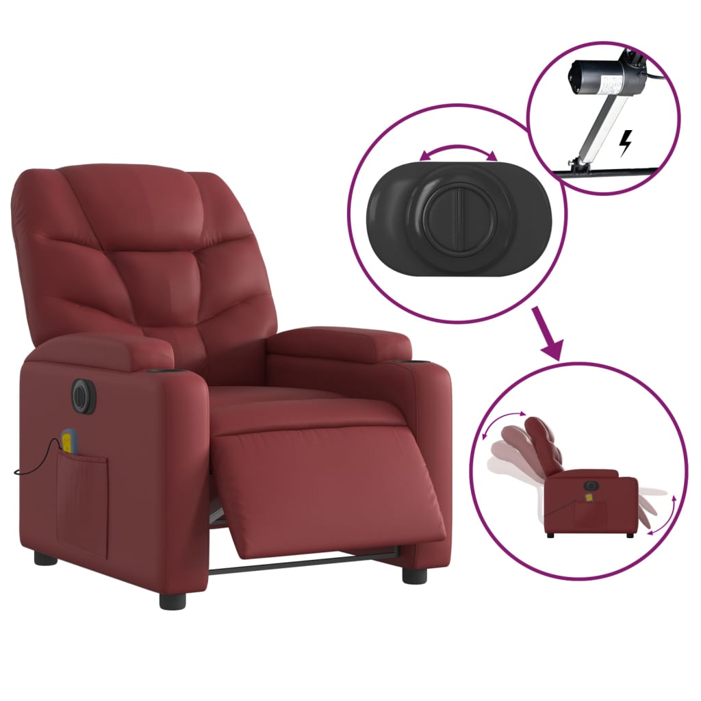 vidaXL Elektrinis atlošiamas masažinis krėslas, vyno, dirbtinė oda