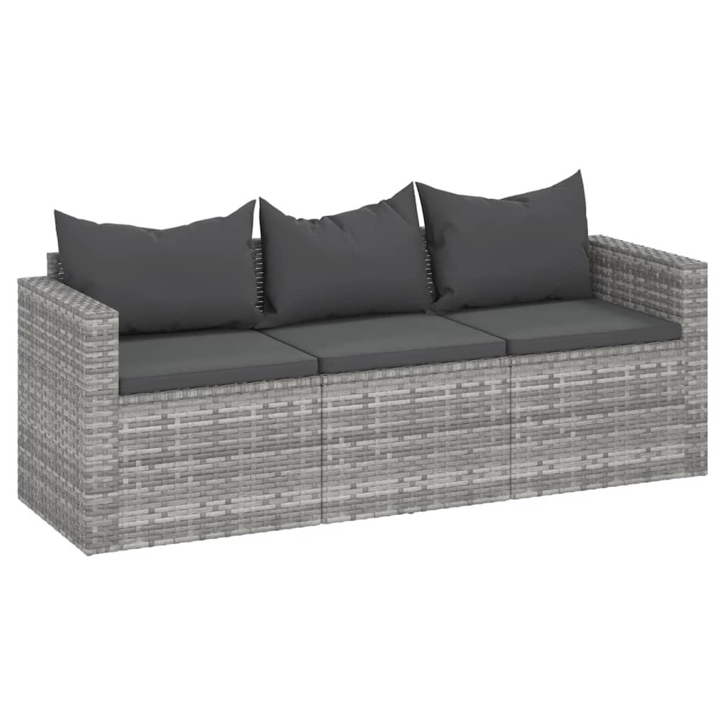 vidaXL Trivietė sodo sofa su pagalvėlėmis, pilkos spalvos, poliratanas