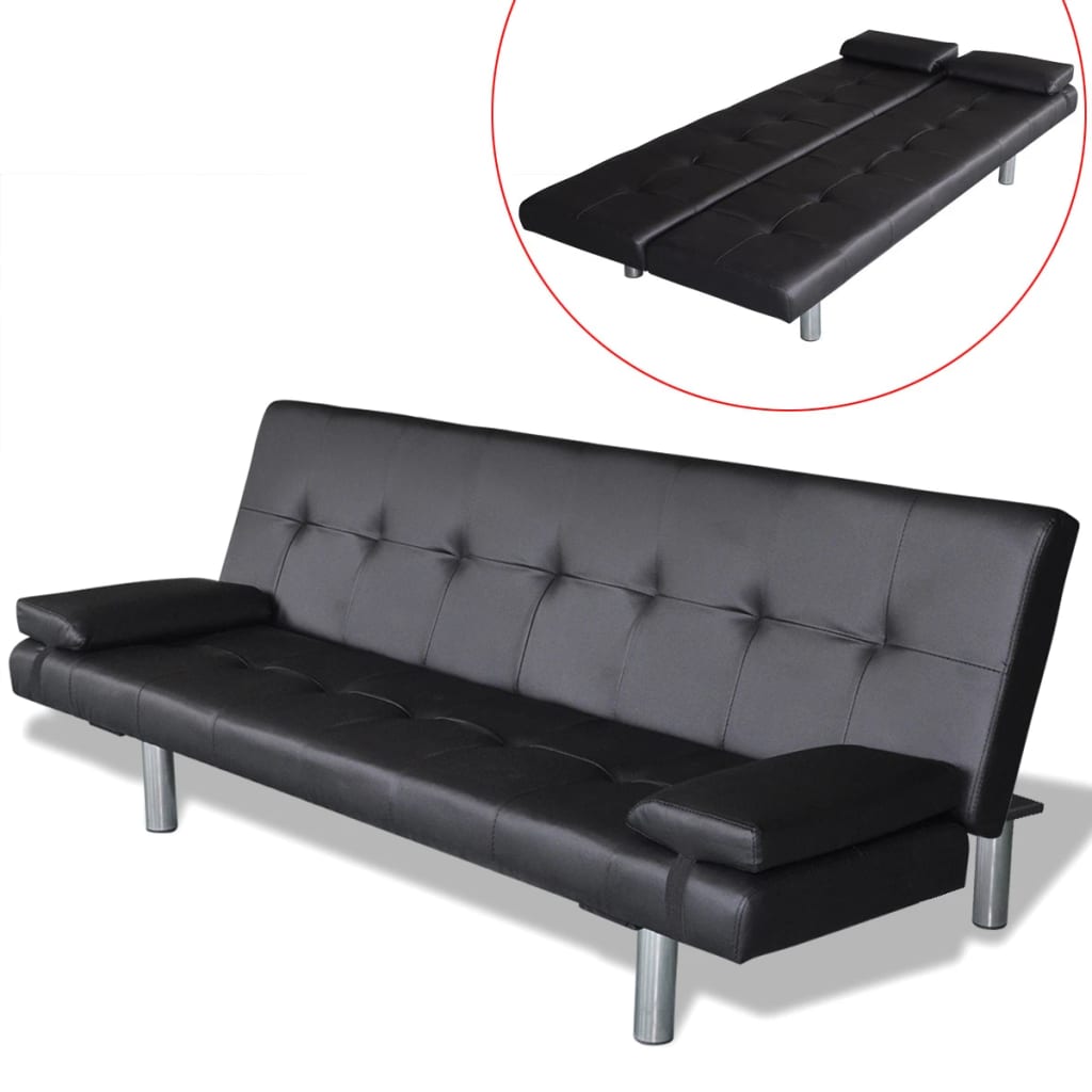 vidaXL Sofa lova su dviem pagalv., dirbtinė oda, reguliuoj., juoda