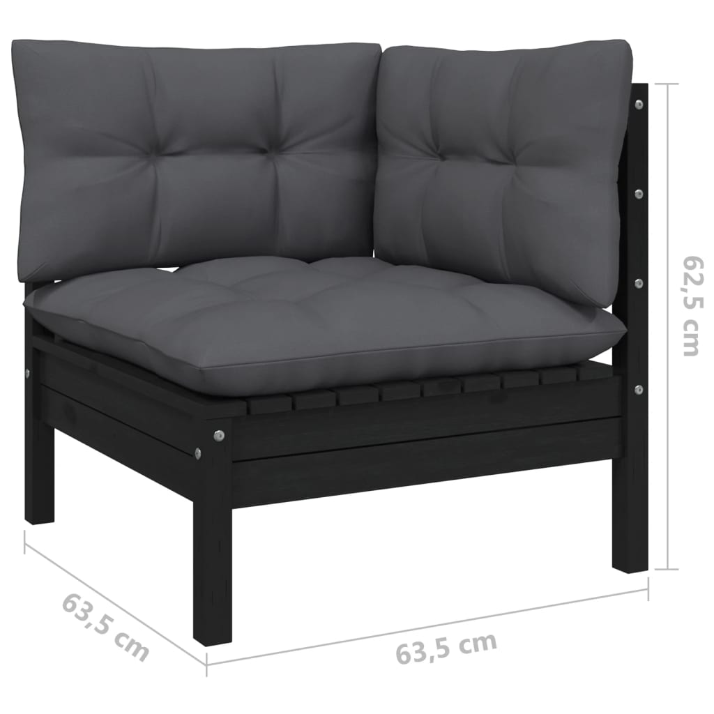 vidaXL Kampinė sodo sofa su pagalvėlėmis, juoda, pušies masyvas