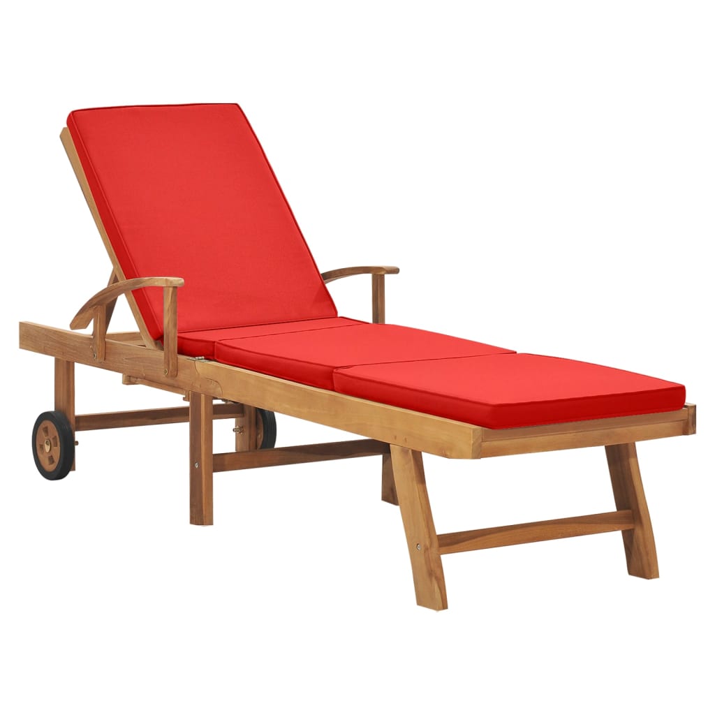 vidaXL Saulės gultas su čiužiniu, raudonas, tikmedžio medienos masyvas