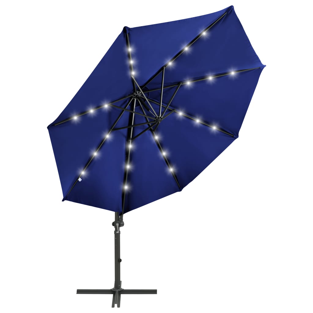vidaXL Gembinis skėtis su stulpu ir LED lemputėmis, mėlynas, 300cm