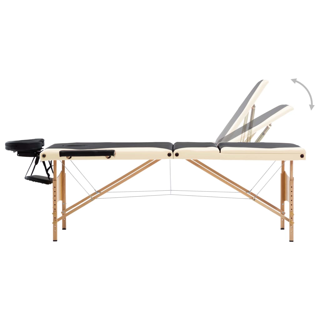 vidaXL Sulankstomas masažo stalas, juodas ir smėlio, mediena, 3 zonų
