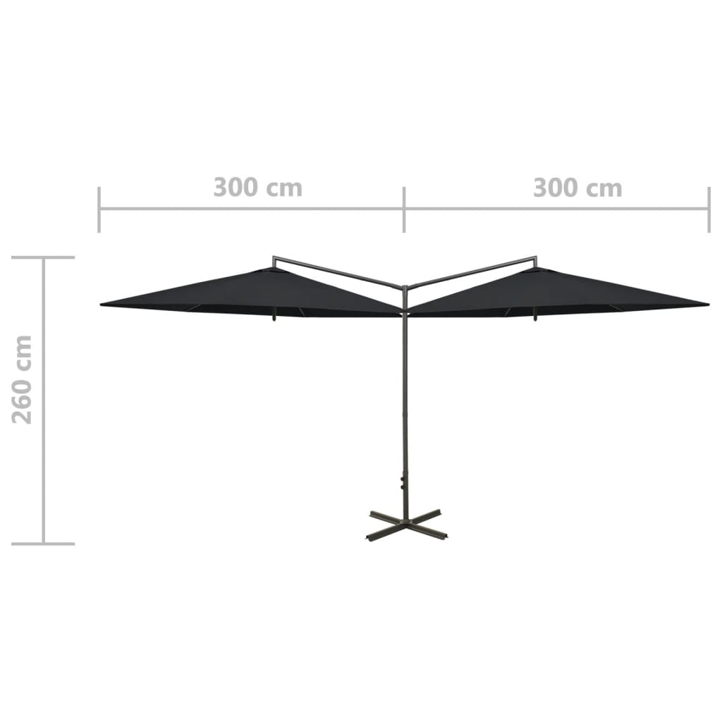 vidaXL Dvigubas skėtis su plieniniu stulpu, juodos spalvos, 600cm