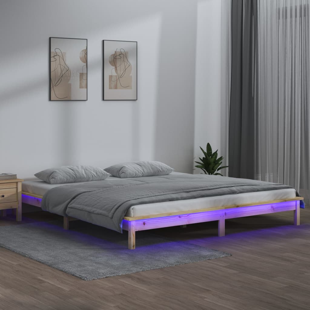 vidaXL Lovos rėmas su LED, 200x200cm, medienos masyvas