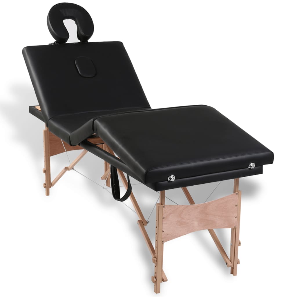 vidaXL Sulankstomas masažo stalas, juodas, 4 zonų, su mediniu rėmu