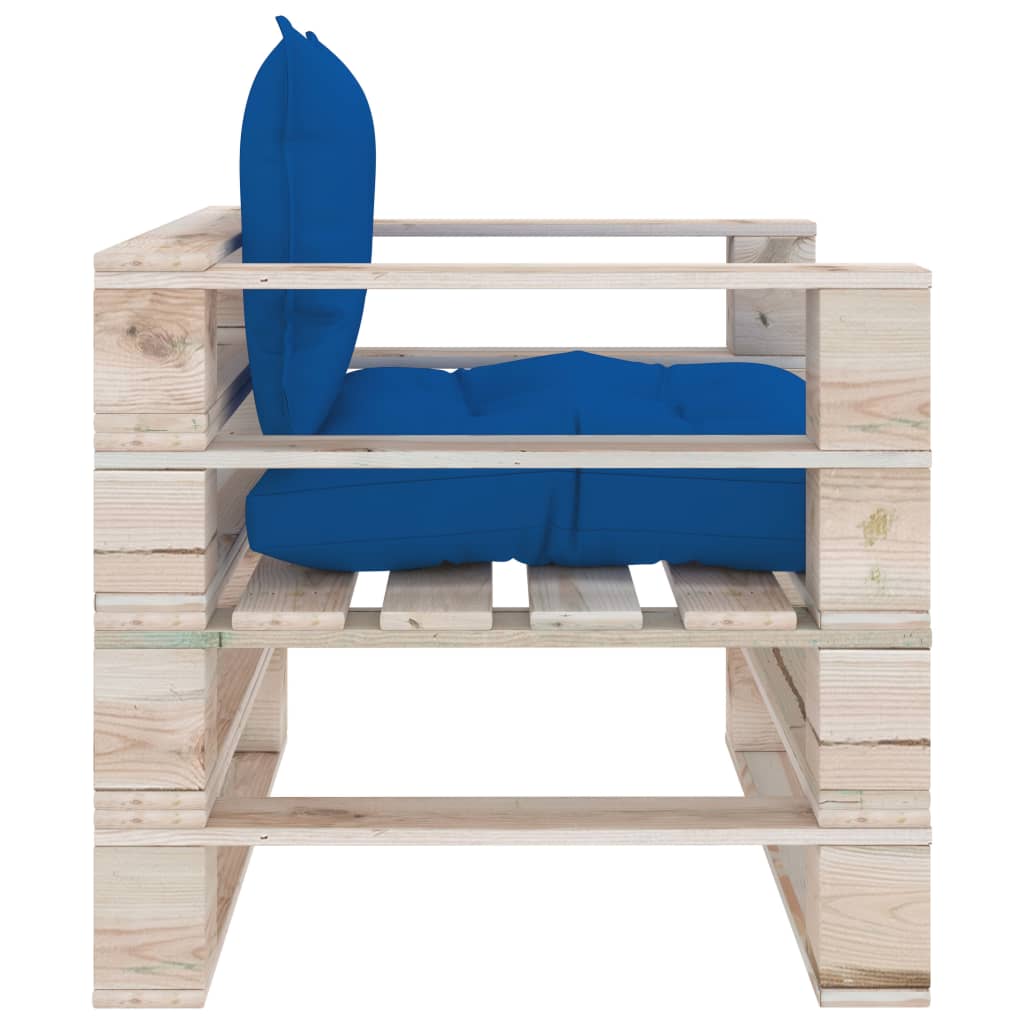 vidaXL Sodo sofa iš palečių su mėlynomis pagalvėlėmis, pušies mediena