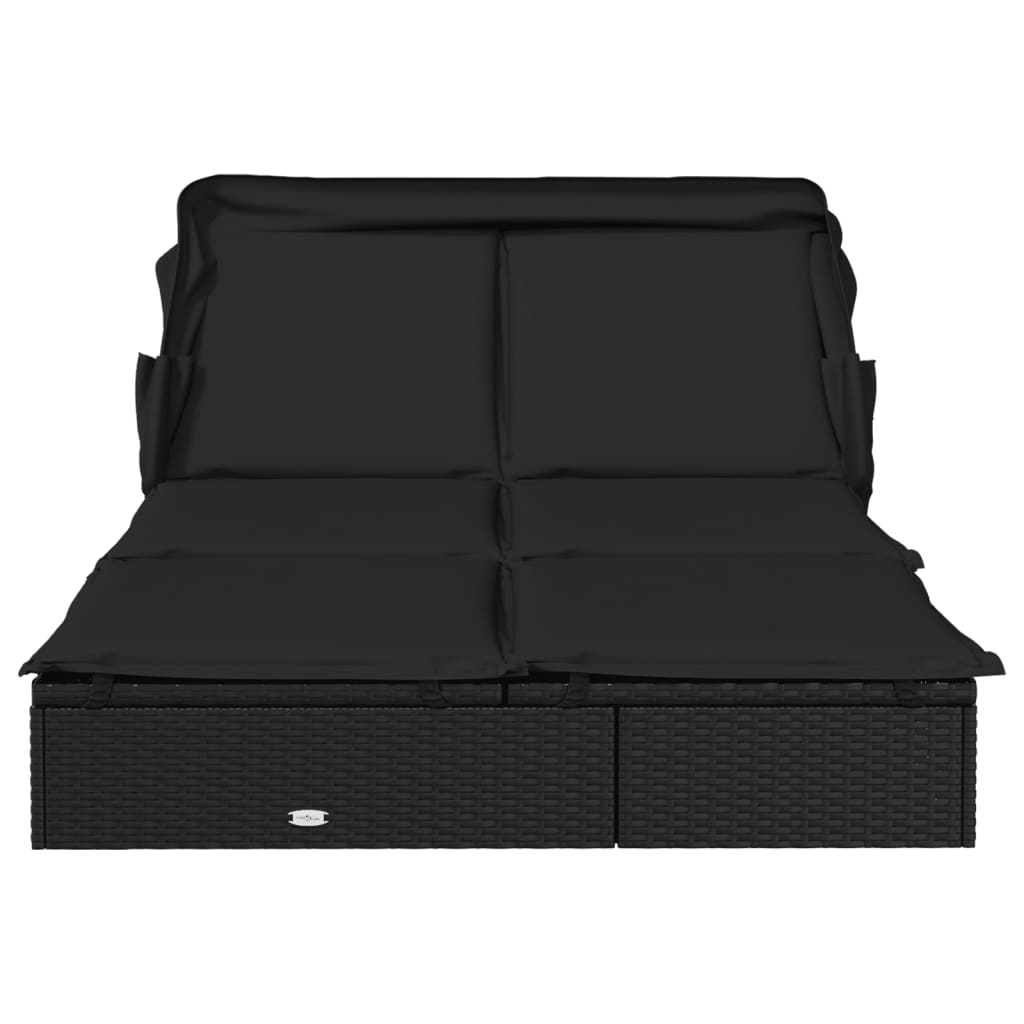 vidaXL Saulės gultas su stogeliu, juodas, 213x118x97cm, poliratanas