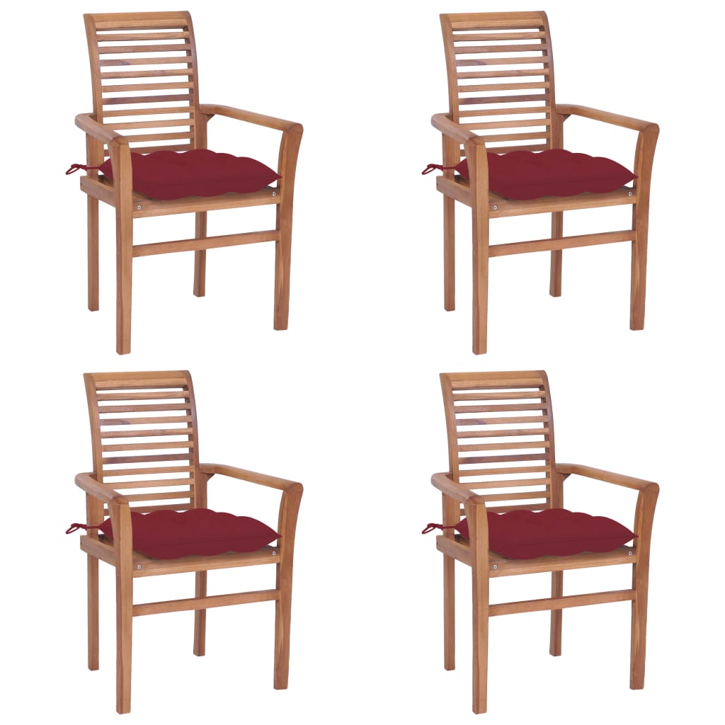 vidaXL Valgomojo kėdės su vyno raudonomis pagalvėmis, 4vnt., tikmedis