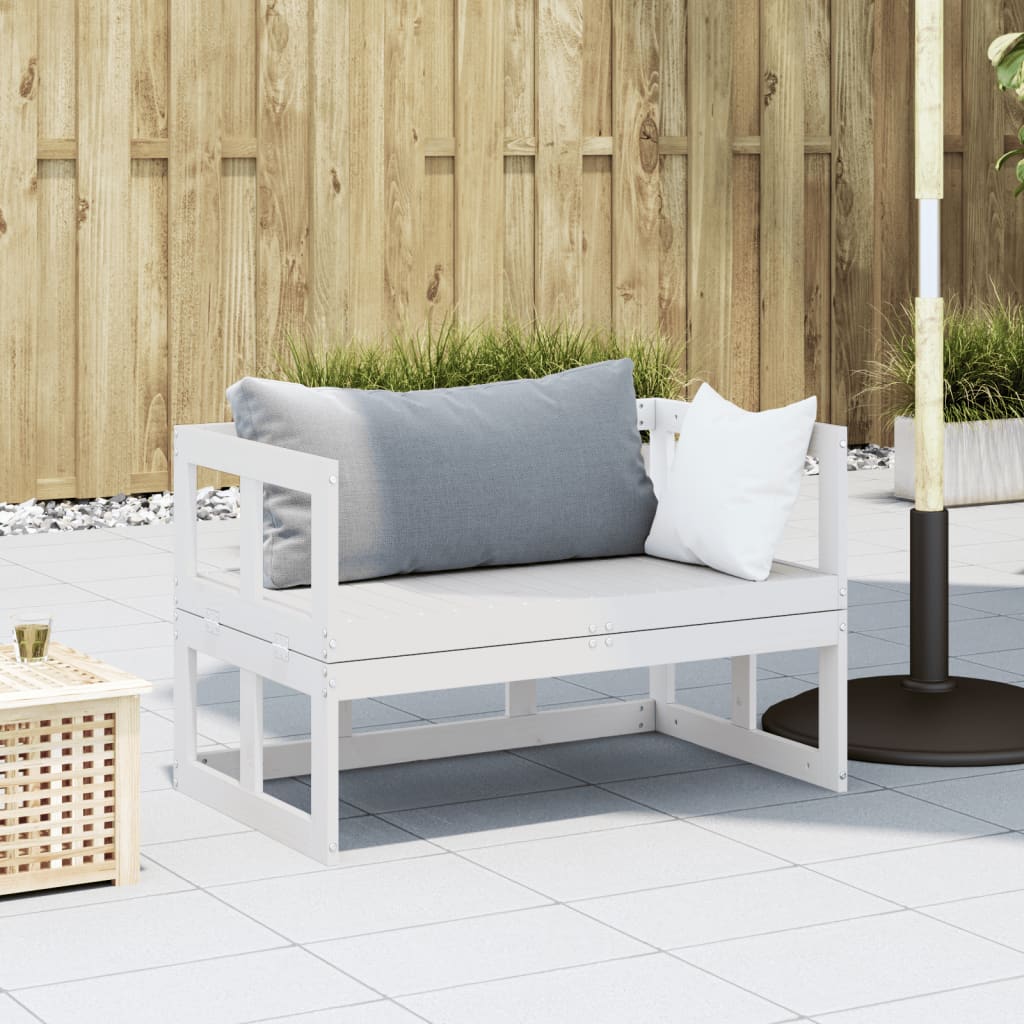 vidaXL Sodo sofa-suoliukas, baltas, pušies masyvas, išskleidžiama