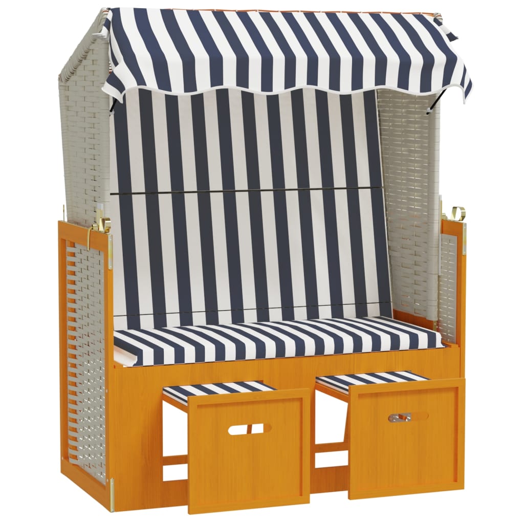 vidaXL Paplūdimio kėdė su stogeliu, balta/mėlyna, poliratanas/mediena