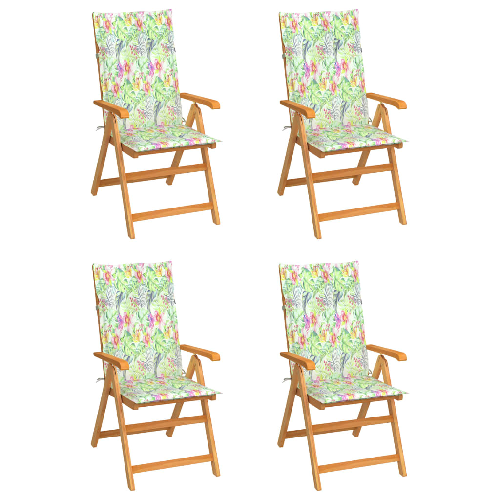 vidaXL Sodo kėdės su lapų raštų pagalvėlėmis, 4vnt., tikmedžio masyvas