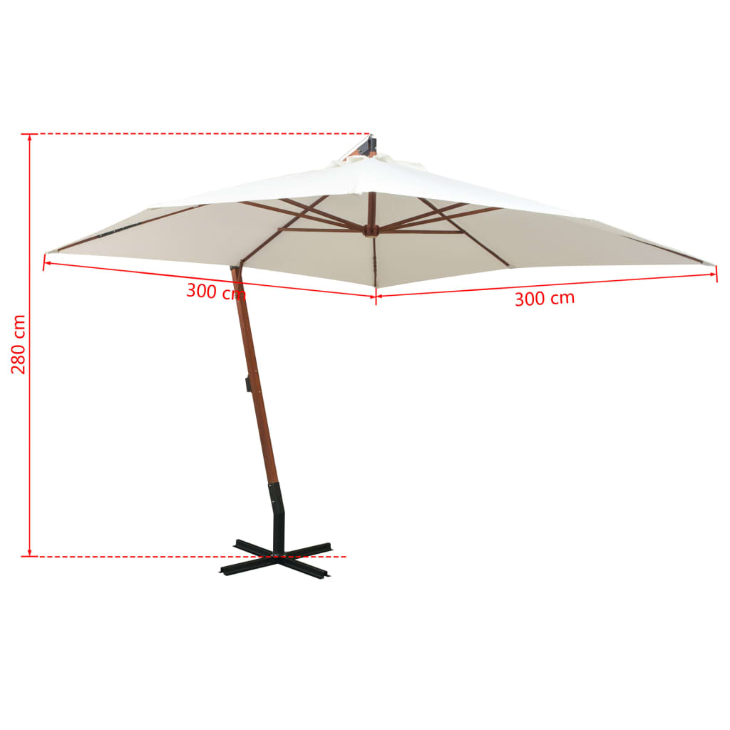 vidaXL Pakabinamas skėtis nuo saulės, 300x300cm, medin. kotas, baltas