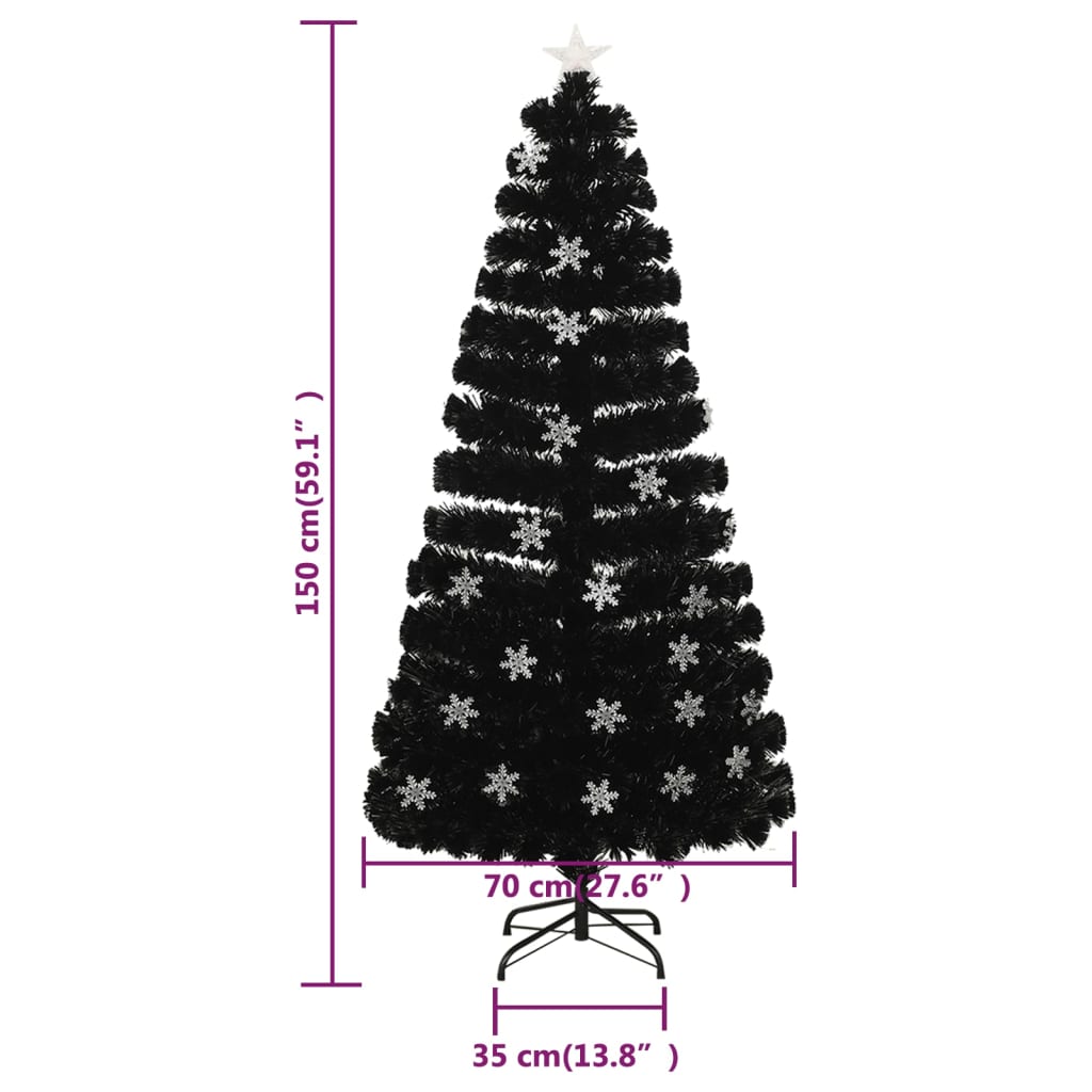 vidaXL Kalėdų eglutė su LED snaigėmis, juoda, 150cm, optinis pluoštas