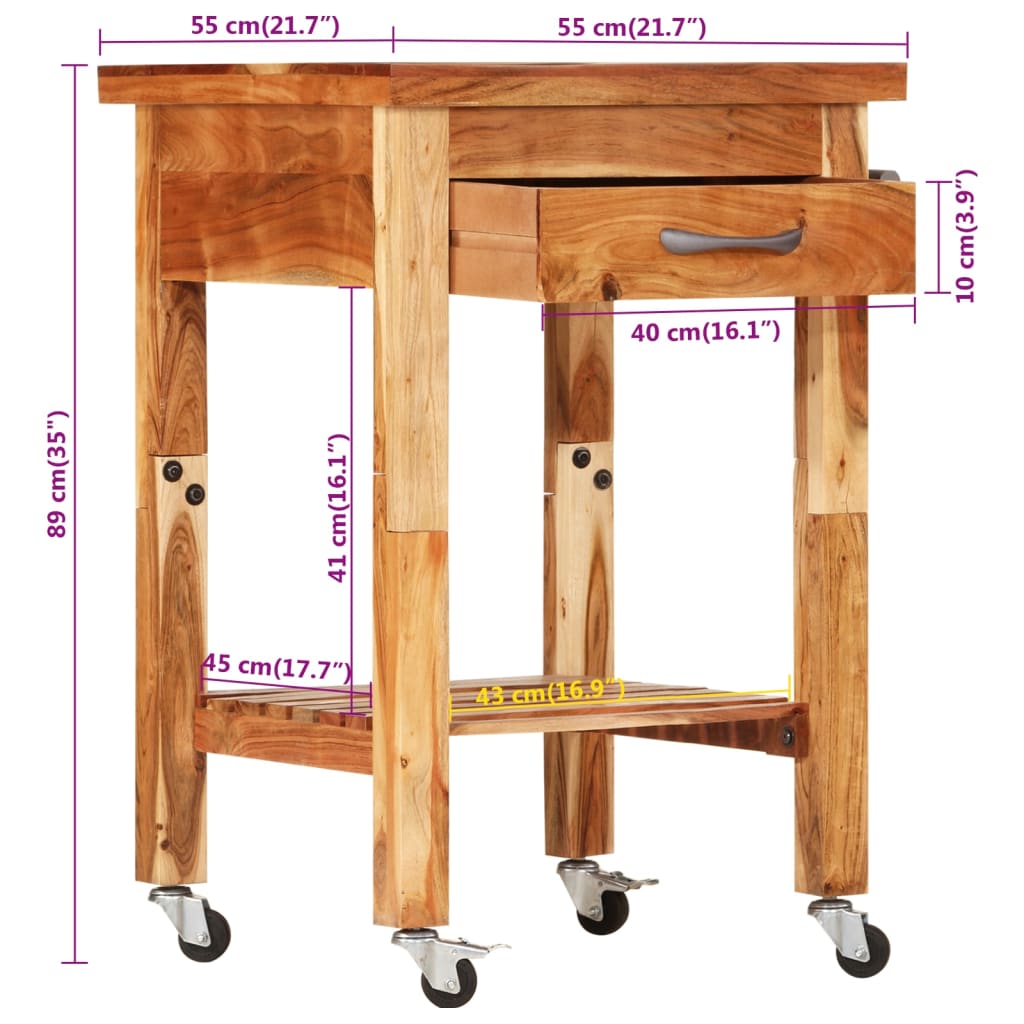 vidaXL Virtuvės vežimėlis, 55x55x89cm, akacijos medienos masyvas