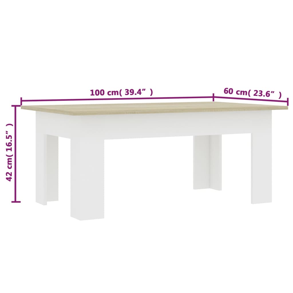 vidaXL Kavos staliukas, baltos ir ąžuolo spalvos, 100x60x42cm, MDP