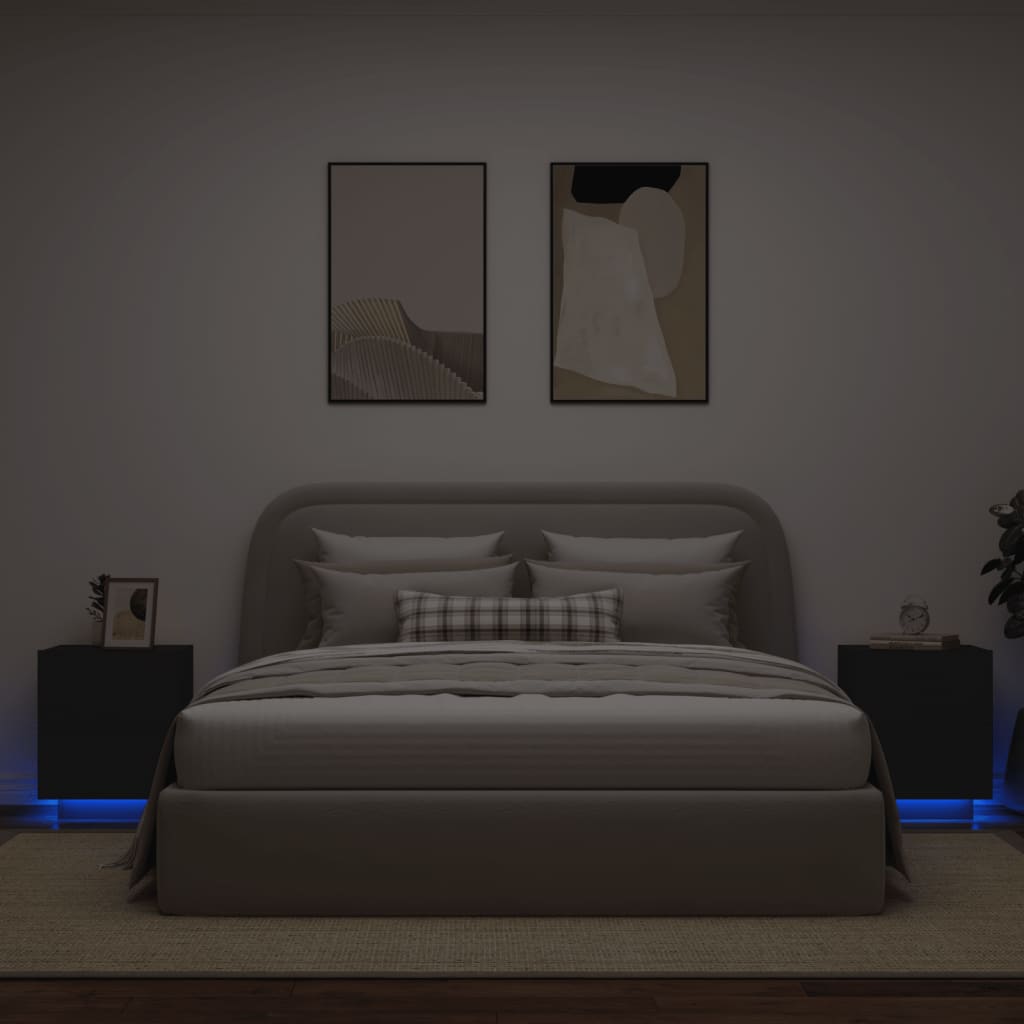 vidaXL Naktinės spintelės su LED lemputėmis, 2vnt., juodos, mediena