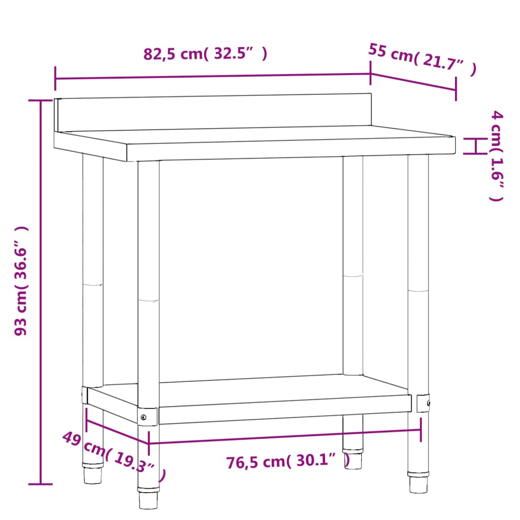 vidaXL Virtuvės darbastalis su sienele, 82,5x55x93cm, plienas