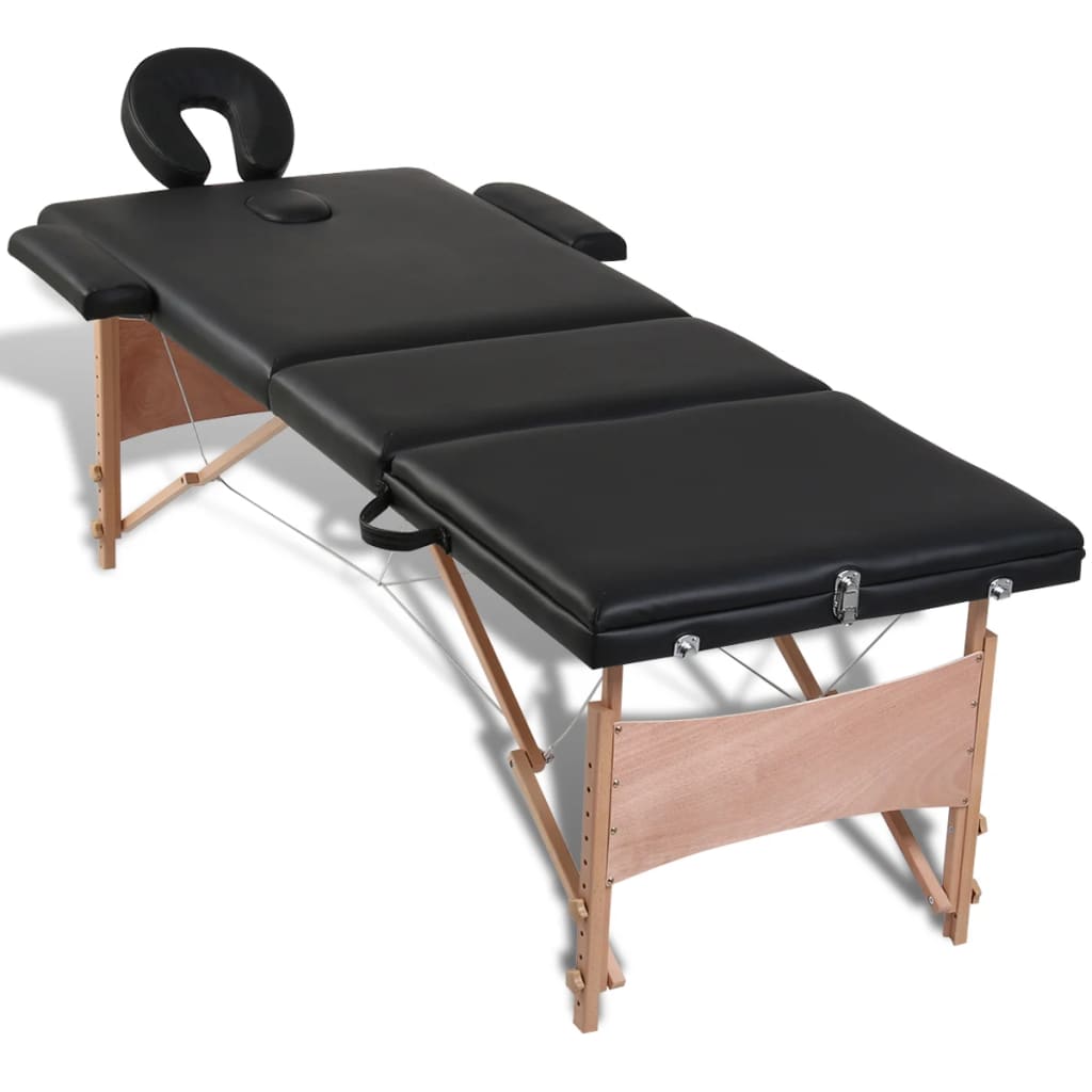 vidaXL Sulankstomas masažo stalas, juodas, 3 zonų, su mediniu rėmu