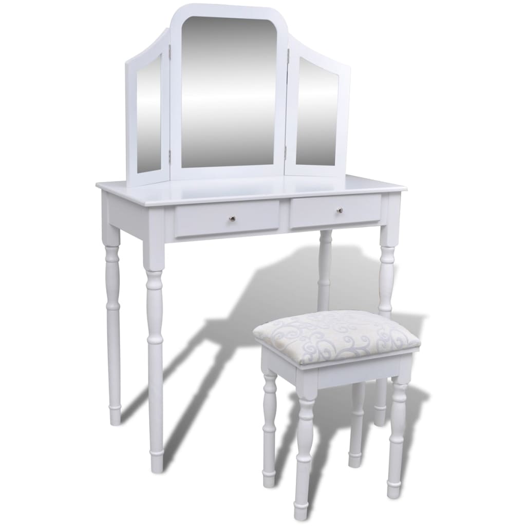 vidaXL Kosmetinis staliukas 3-1, su veidrodžiu ir kėdute, 2 stalčiai, baltas