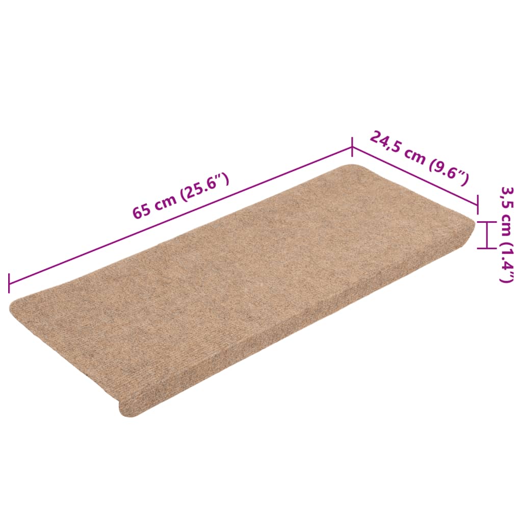 vidaXL Lipnūs laiptų kilimėliai, 15vnt., smėlio spalvos, 65x24,5x3,5cm