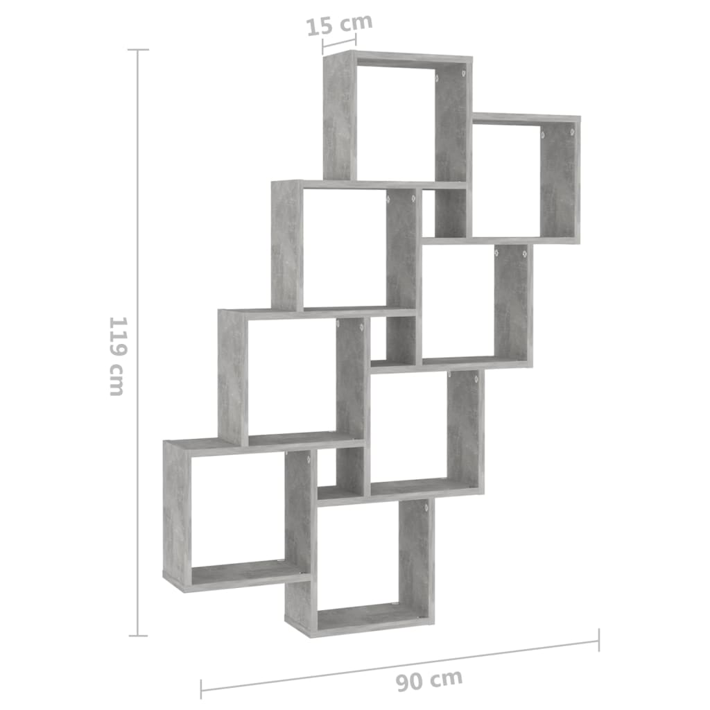 vidaXL Sieninė lentyna, betono pilka, 90x15x119cm, MDP, kubo formos