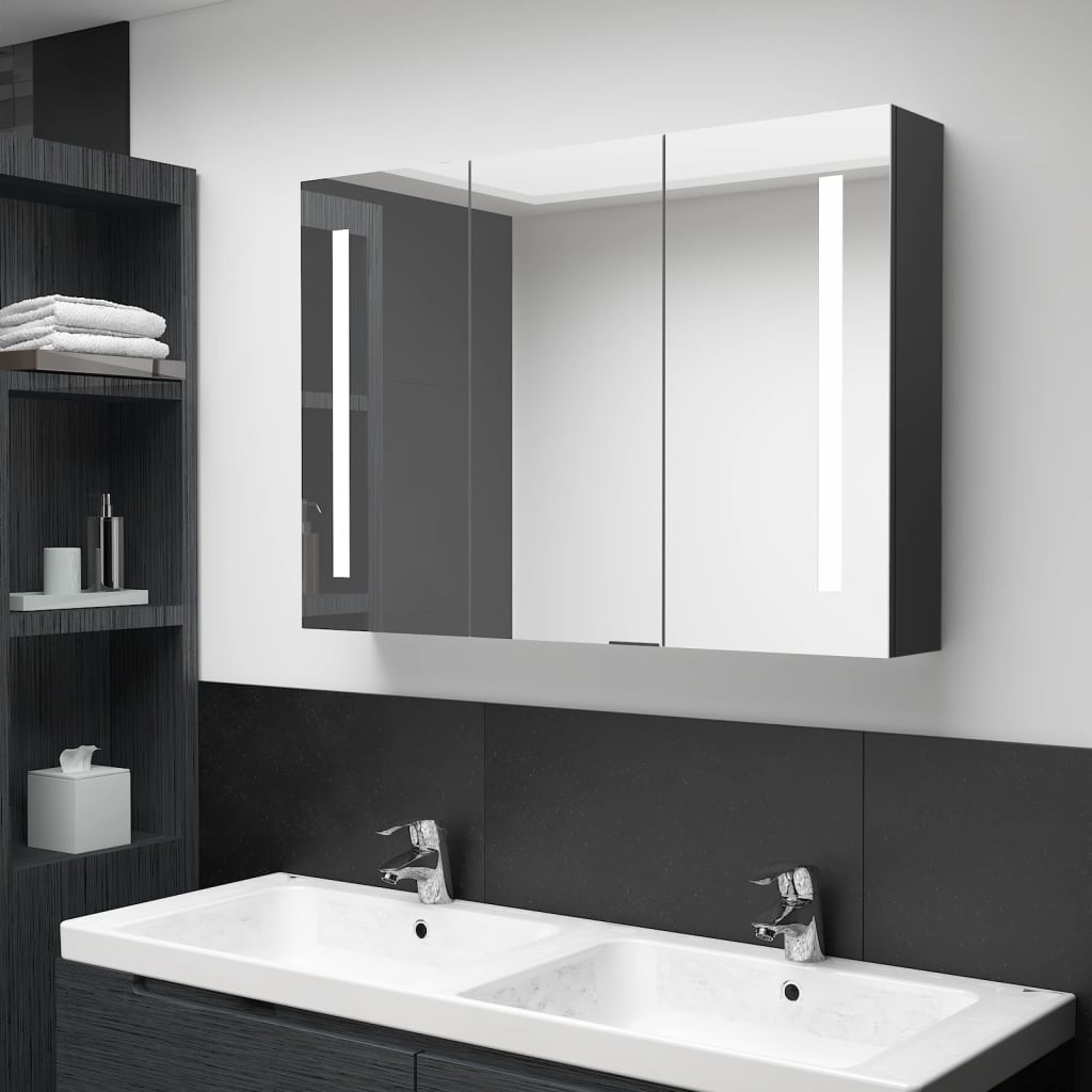 vidaXL Veidrodinė vonios spintelė su LED apšvietimu, juoda, 89x14x62cm