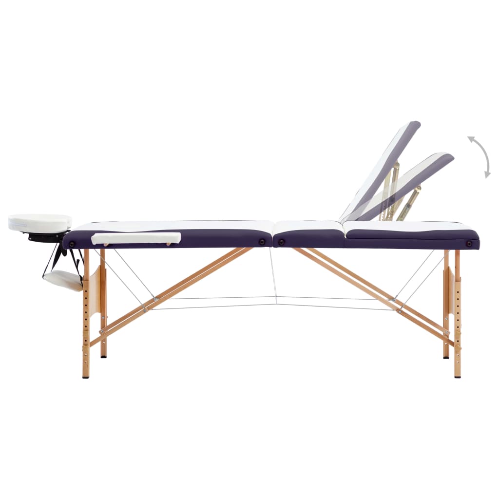 vidaXL Sulankstomas masažo stalas, baltas/violetinis, mediena, 3 zonų