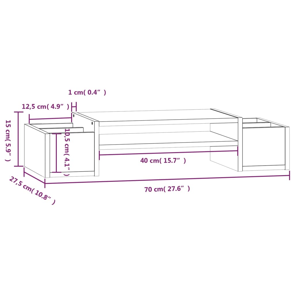 vidaXL Monitoriaus stovas, baltas, 70x27,5x15cm, pušies masyvas