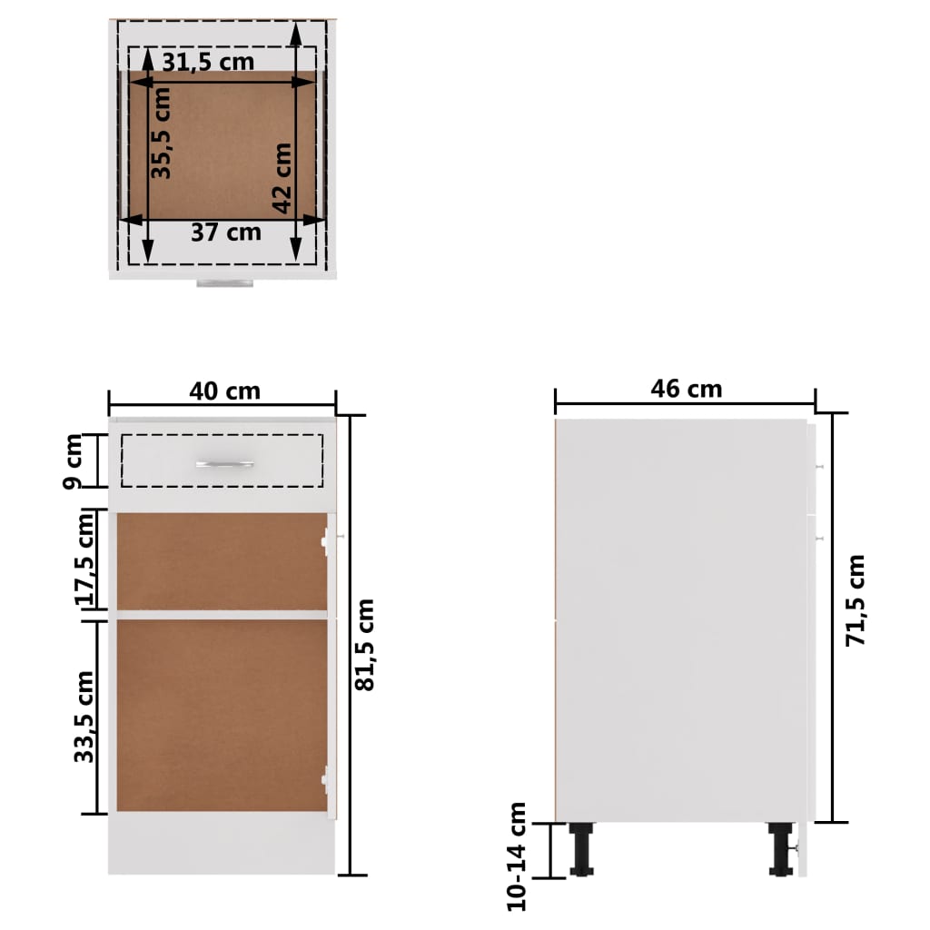 vidaXL Apatinė spintelė su stalčiumi, balta, 40x46x81,5cm, MDP, blizgi