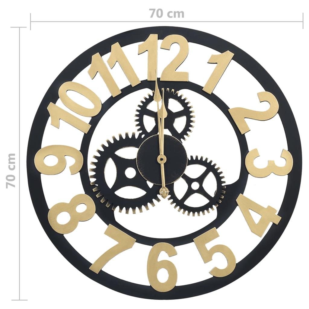 vidaXL Sieninis laikrodis, auksinės ir juodos spalvos, 70 cm, MDF