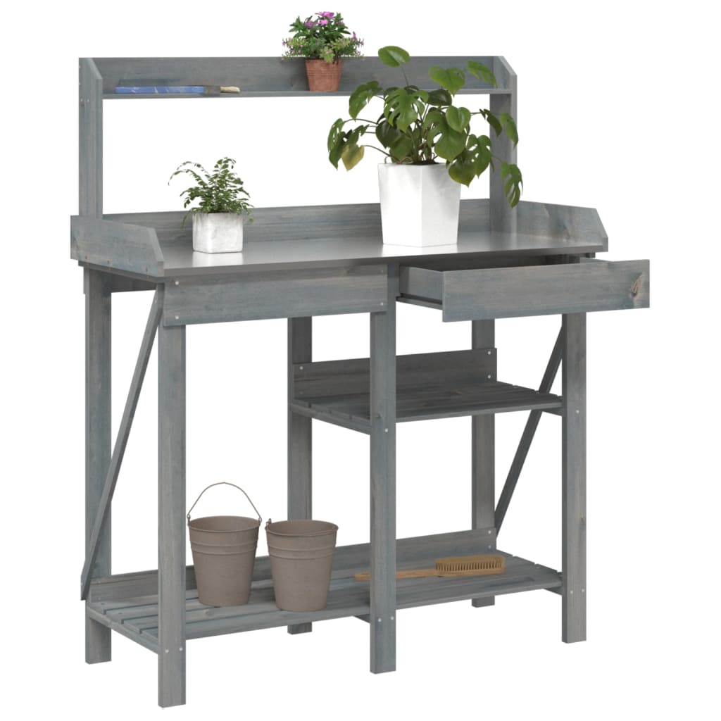vidaXL Sodinimo stalas su lentynomis, pilkas, eglės medienos masyvas
